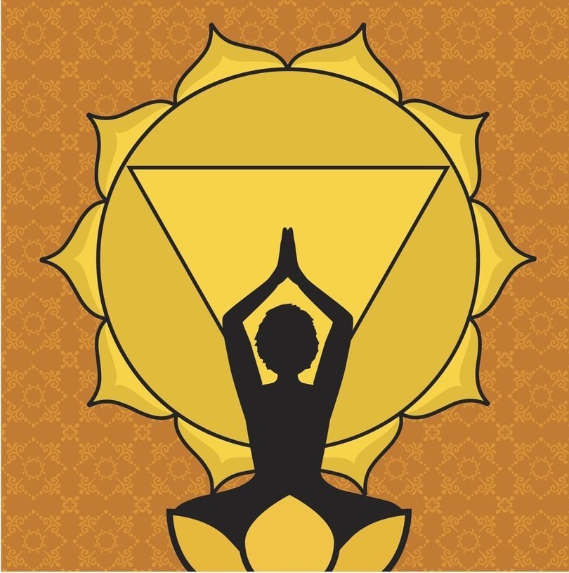 woman practicing yoga in front of solar plexus chakra symbol