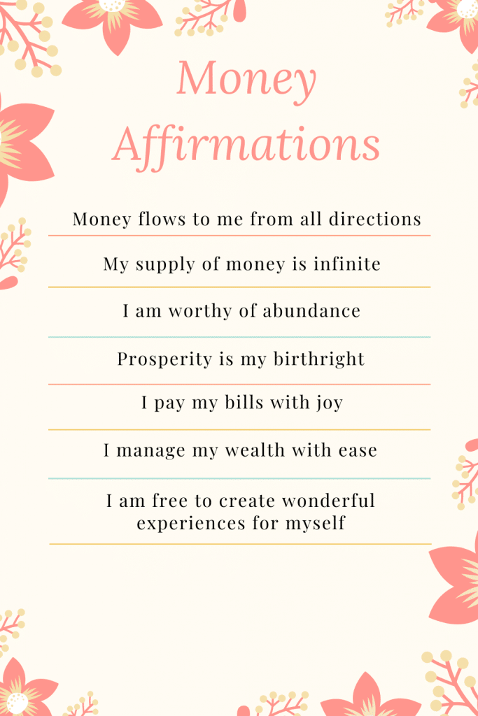 list of 7 money affirmations surrounded by pink flowers