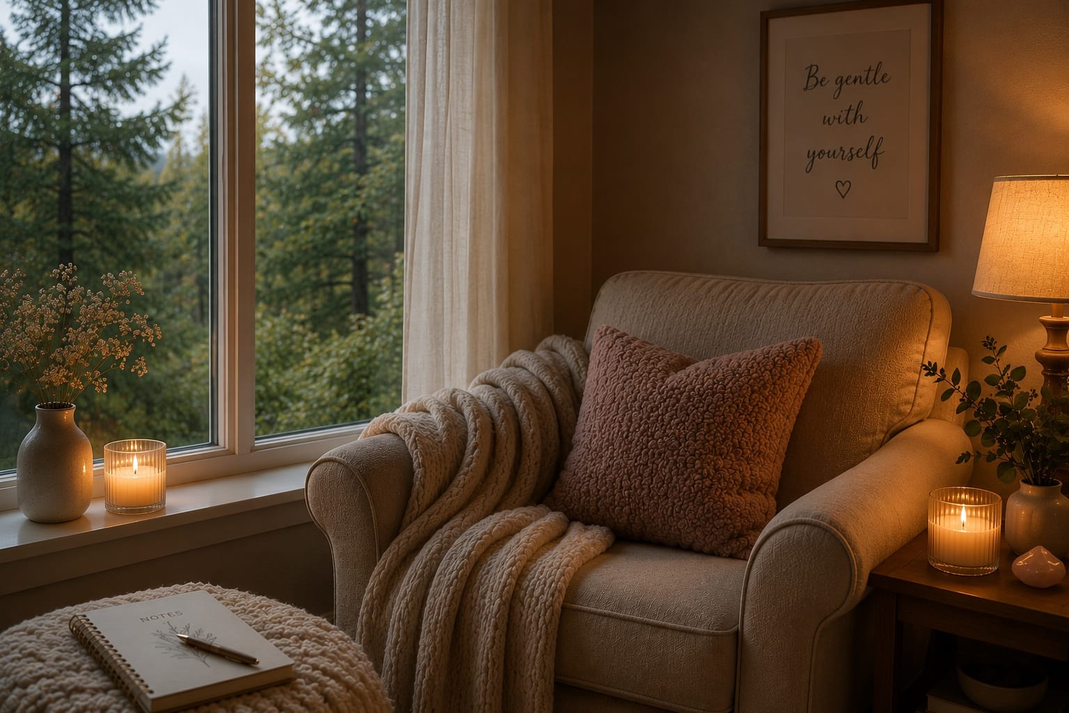 A cozy reading nook with a plush armchair, soft blankets, candles, warm lamplight, and a journal beside a large window overlooking peaceful forest trees.