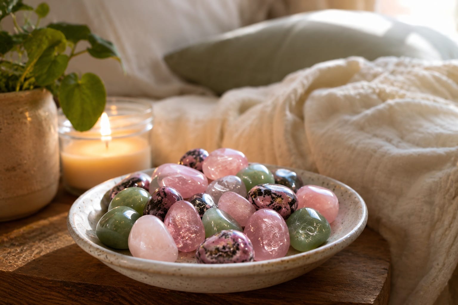 dish holding heart healing stones on bedside table