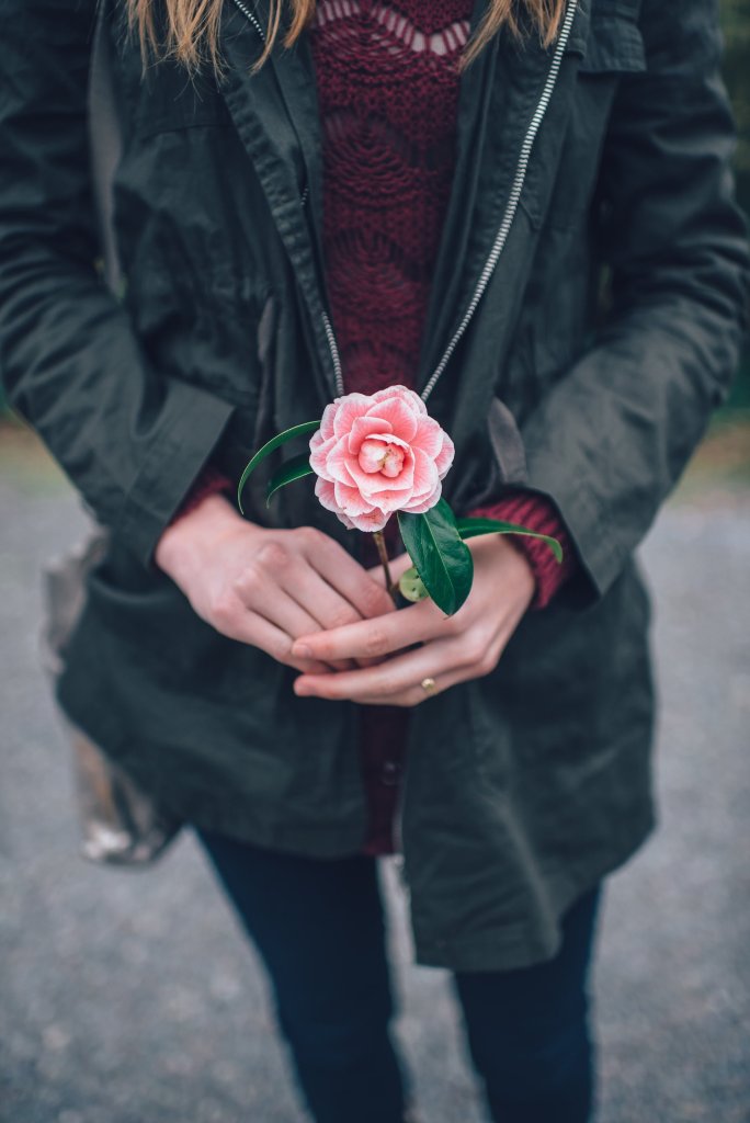 woman holding pink rose