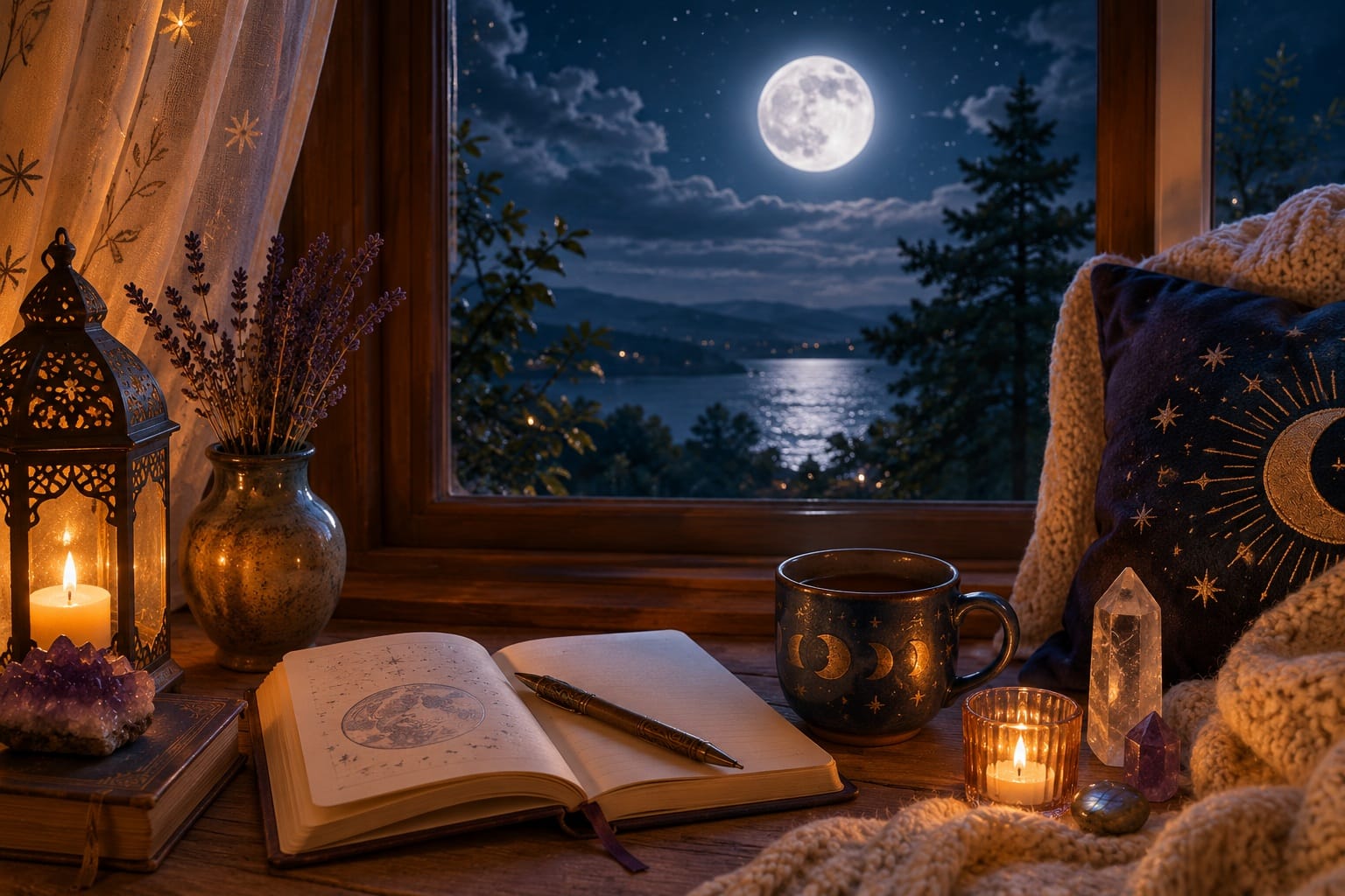 journal on desk in front of window will full moon outside