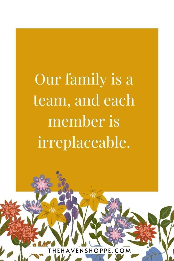 positive family relationship affirmation: Our family is a team, and each member is irreplaceable.