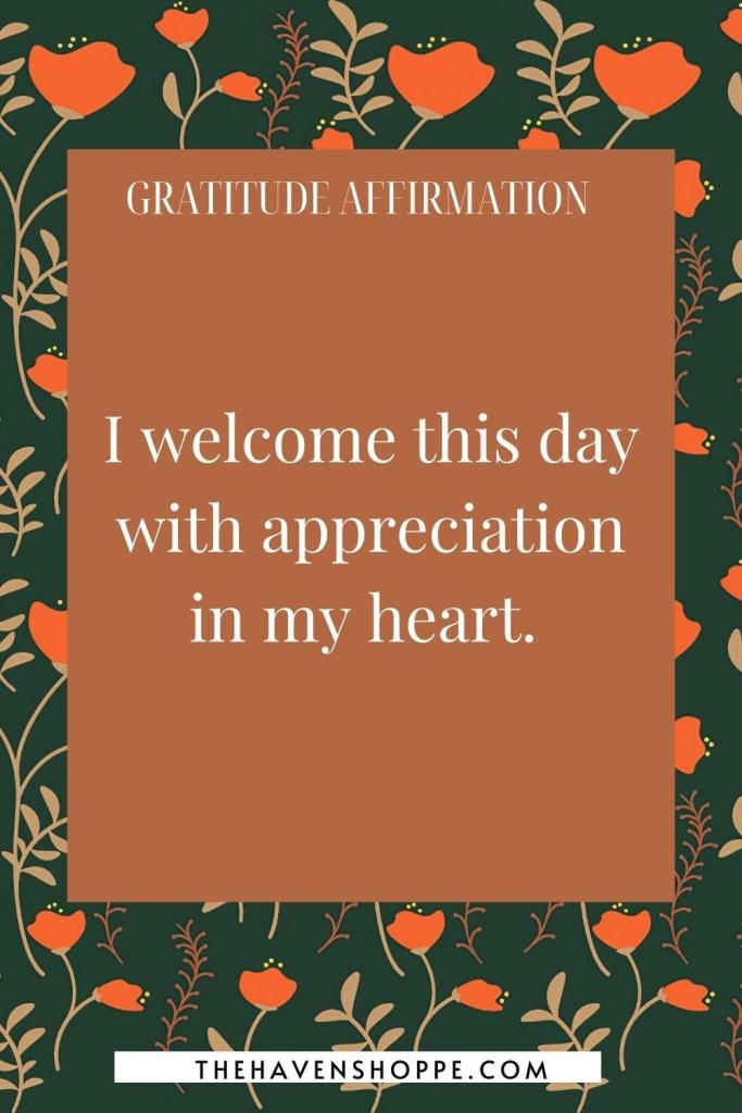 morning gratitude affirmation: I welcome this day with appreciation in my heart. 