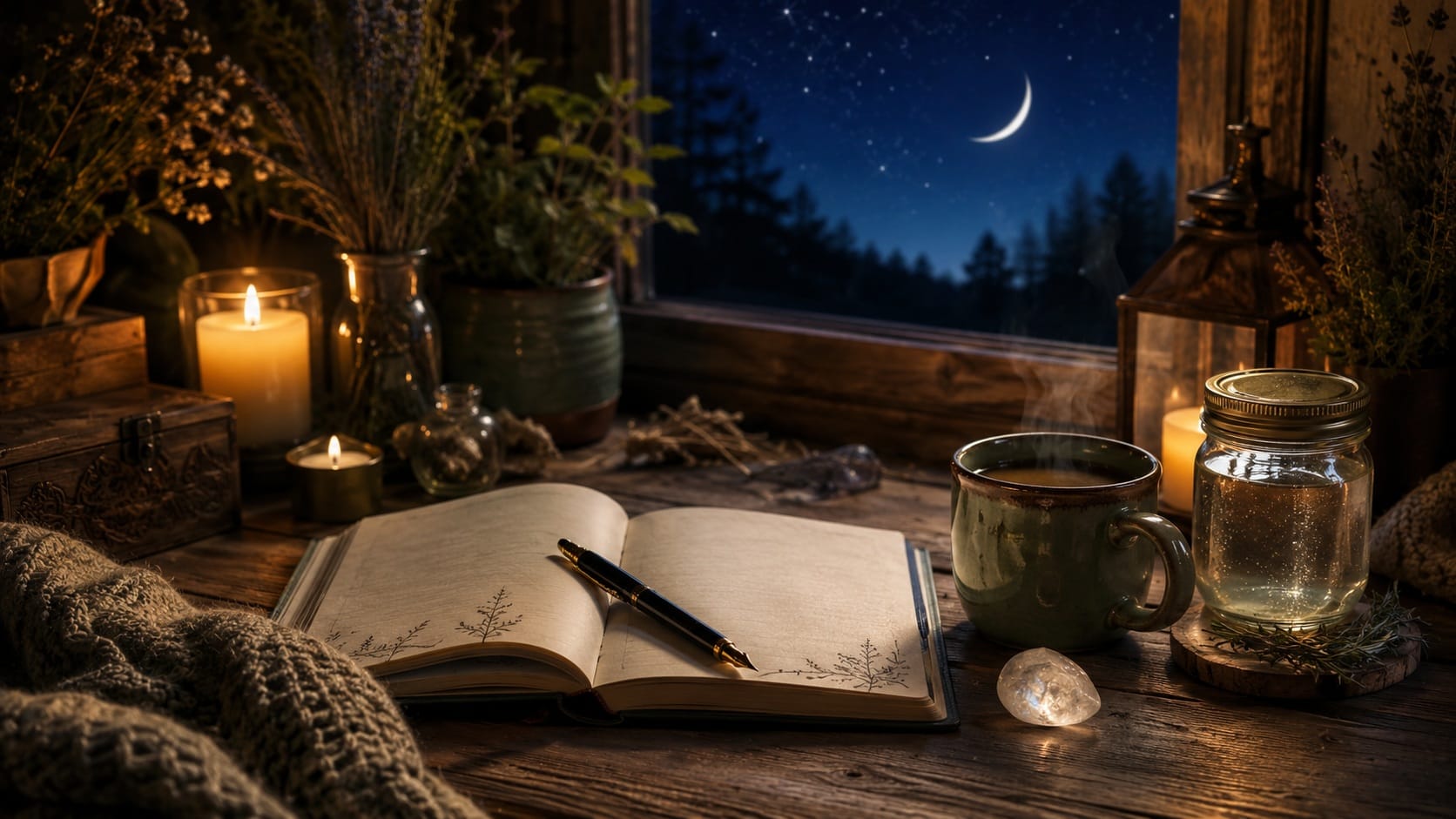 new moon journal in front of window at nighttime