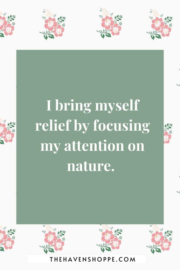 positive affirmation for anxiety relief: I bring myself relief by focusing my attention on nature. 