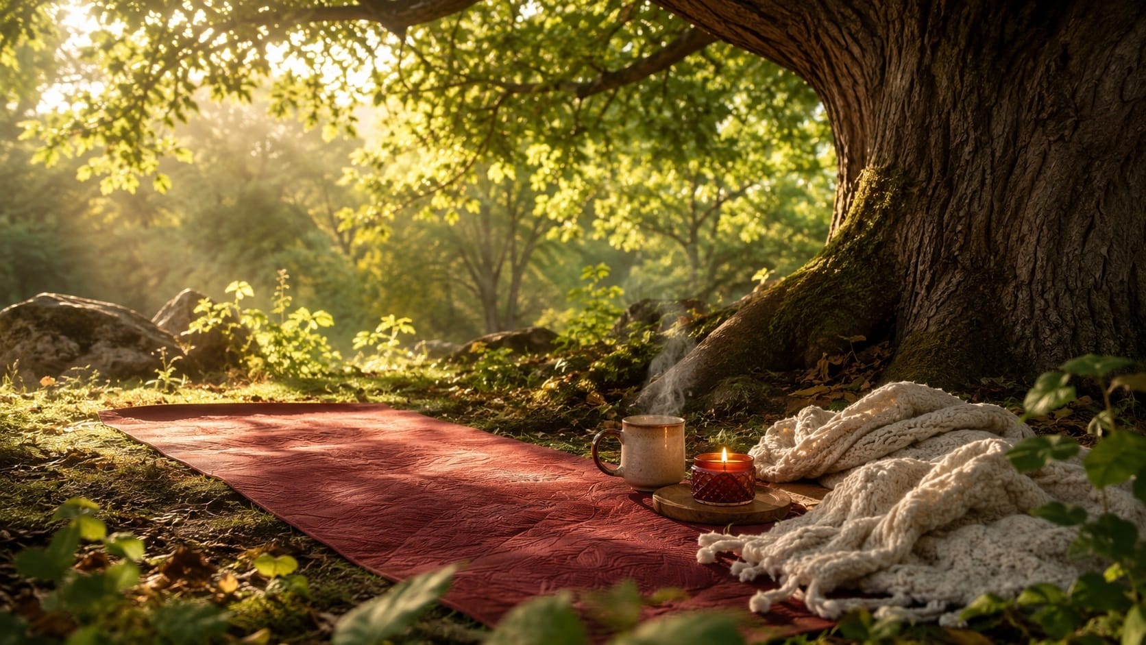 red yoga mat under oak tree