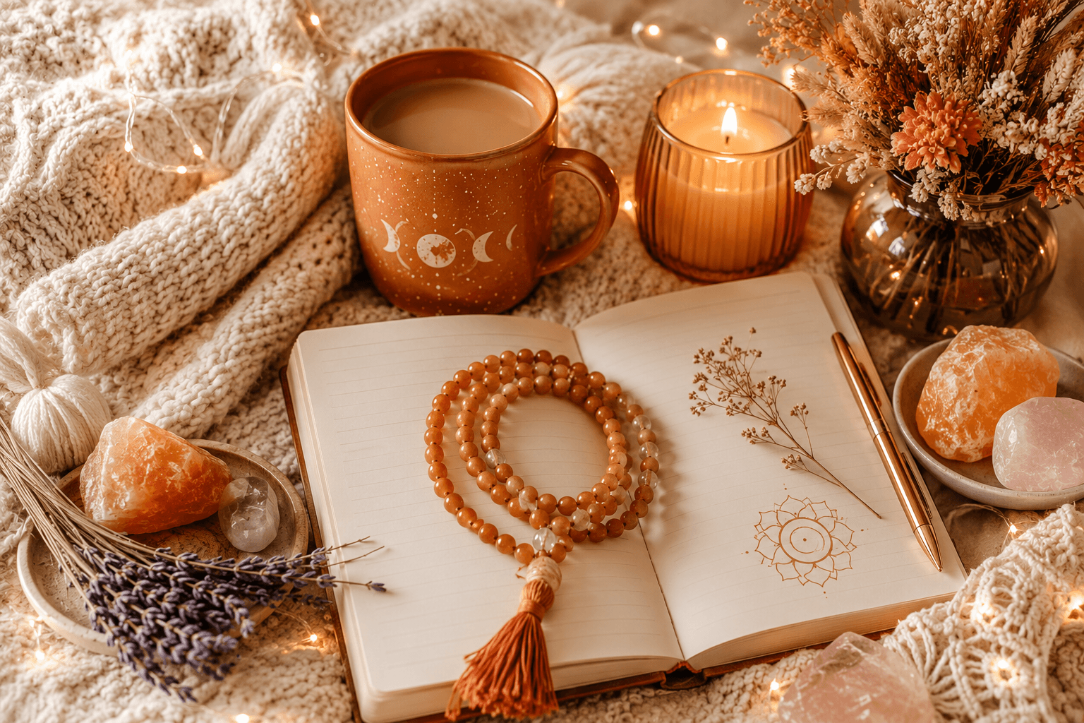 Cozy sacral chakra healing scene with orange crystals, mala beads, a glowing candle, herbal tea, and an open journal arranged on a soft knitted blanket in warm golden light.