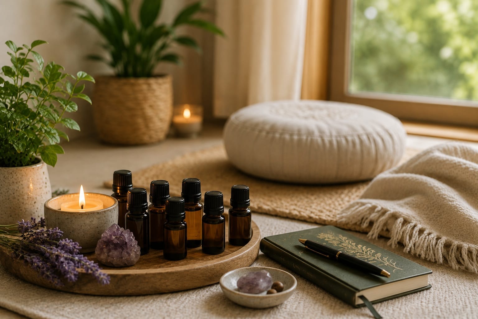 essential oils on tray next to meditation pillow