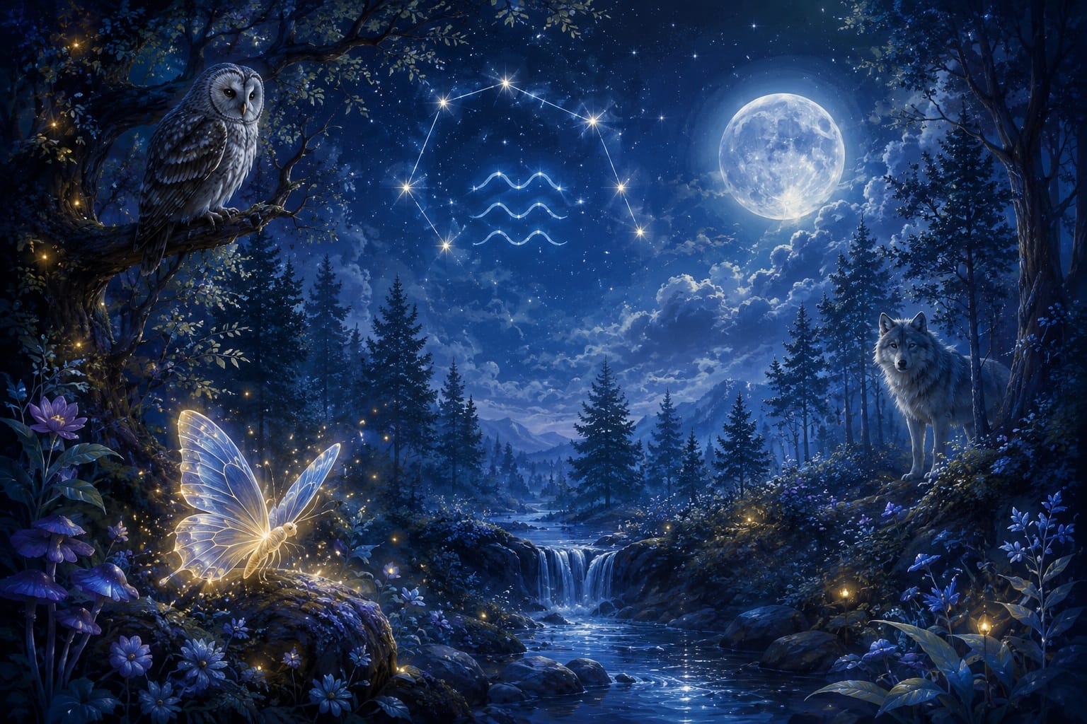 **Alt Text:** Moonlit enchanted forest in soft blue and silver tones featuring an owl perched on a tree branch, a glowing butterfly in the foreground, and a wolf watching from the trees. The Aquarius constellation shines overhead beneath a bright full moon, illuminating a magical woodland stream in a cozy, mystical fantasy illustration.