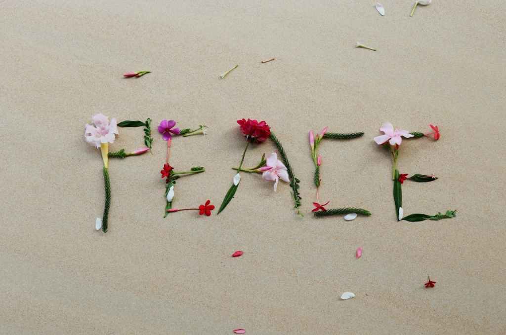 word peace written in flowers on the sand