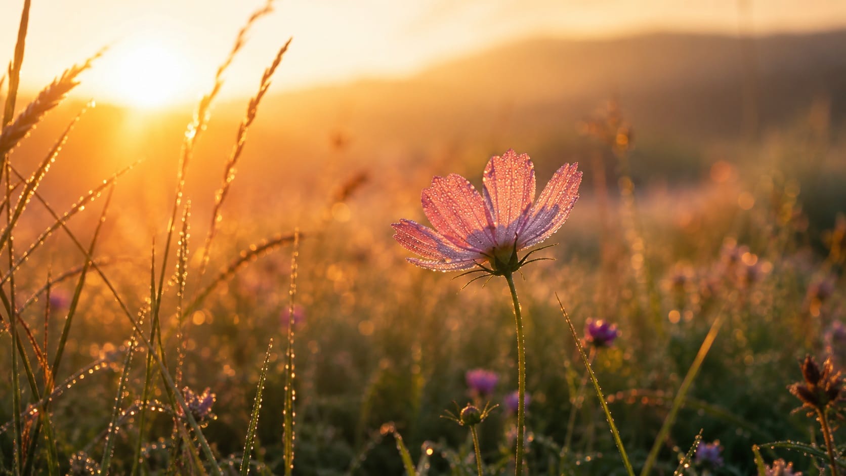 wildflower in a meadow at sunrise