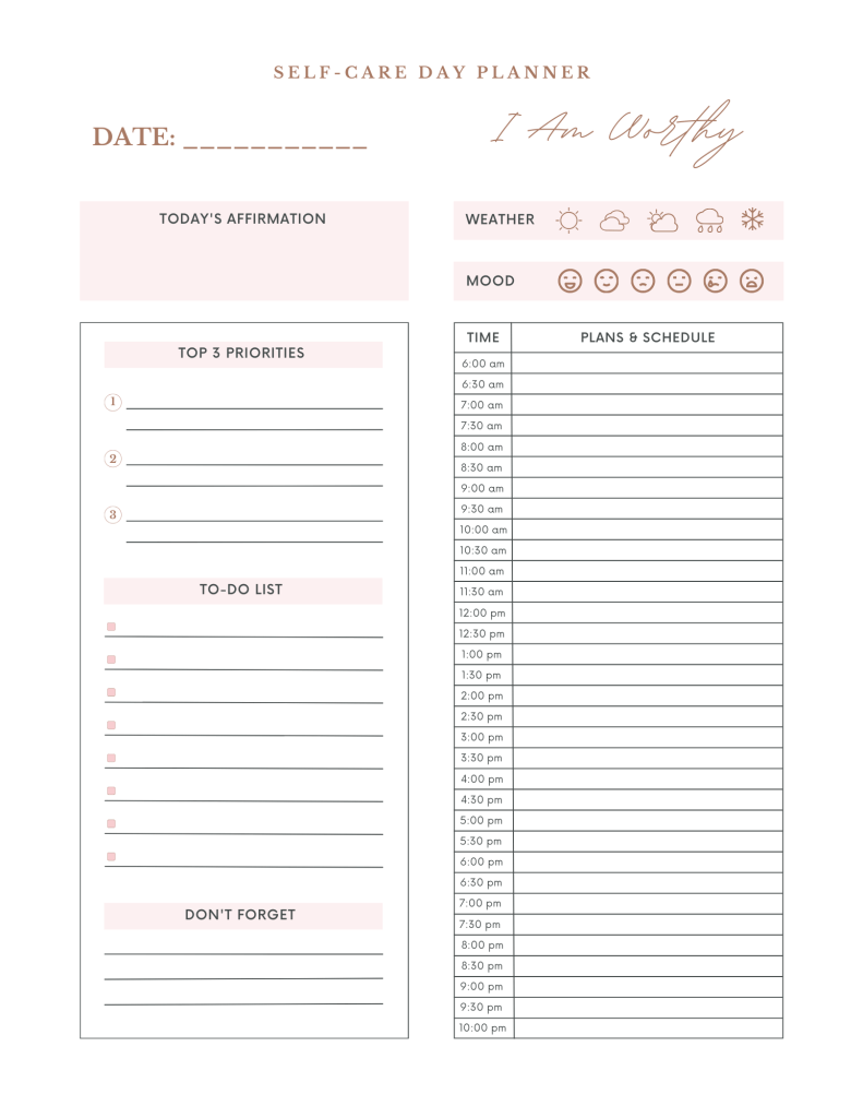 printable self care day planner template