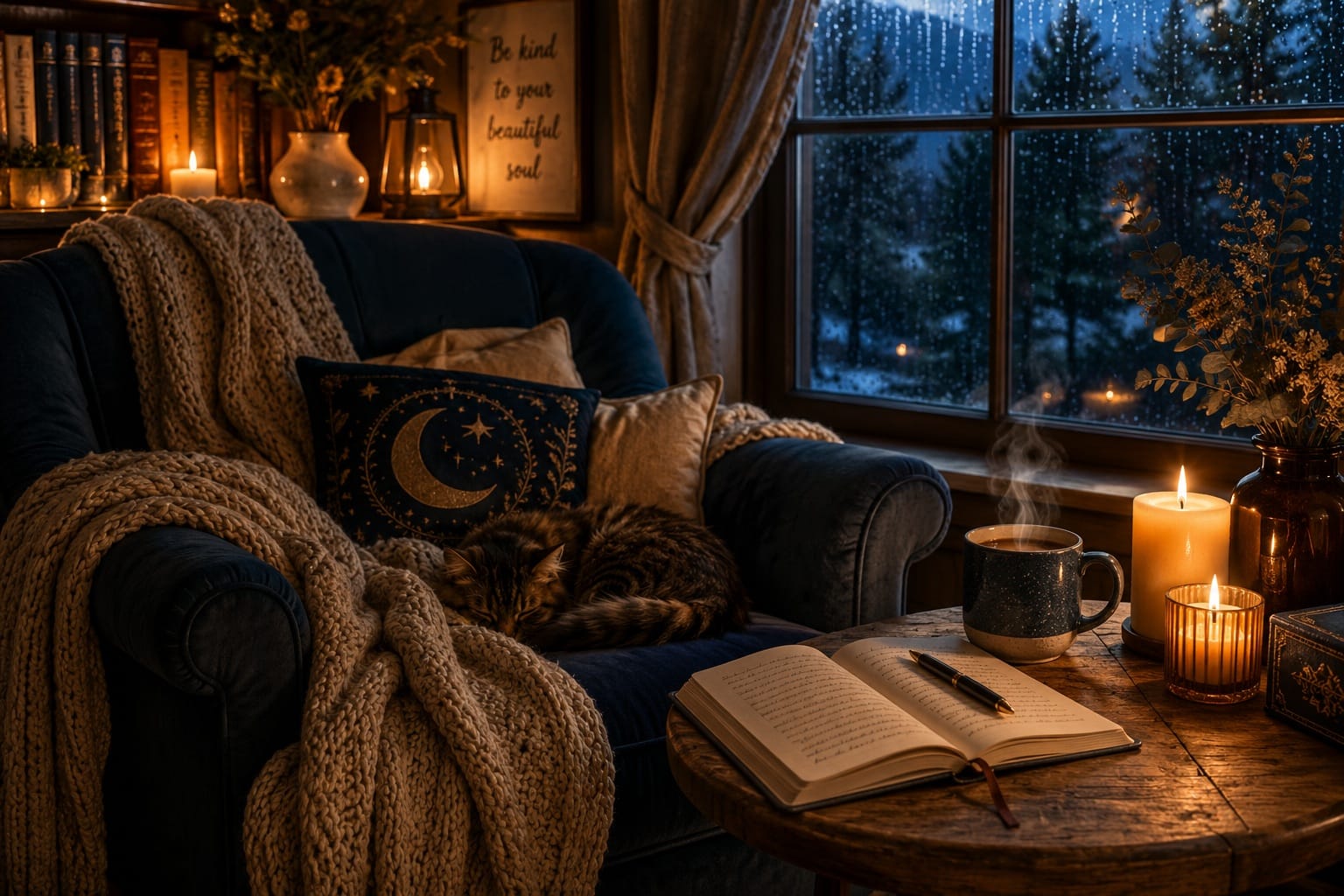 Cozy self-care reading nook with a plush midnight-blue armchair, soft knit blanket, sleeping cat, glowing candles, steaming tea, and an open journal beside a rain-speckled window at twilight.