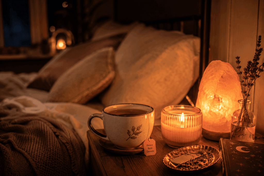 cozy bed with teacup and salt lamp on bedside table