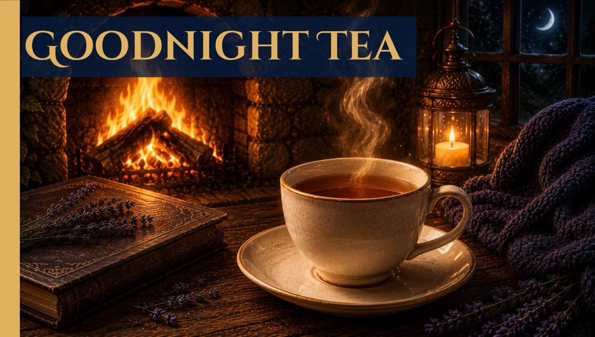 Steaming cup of tea in front of a crackling fireplace