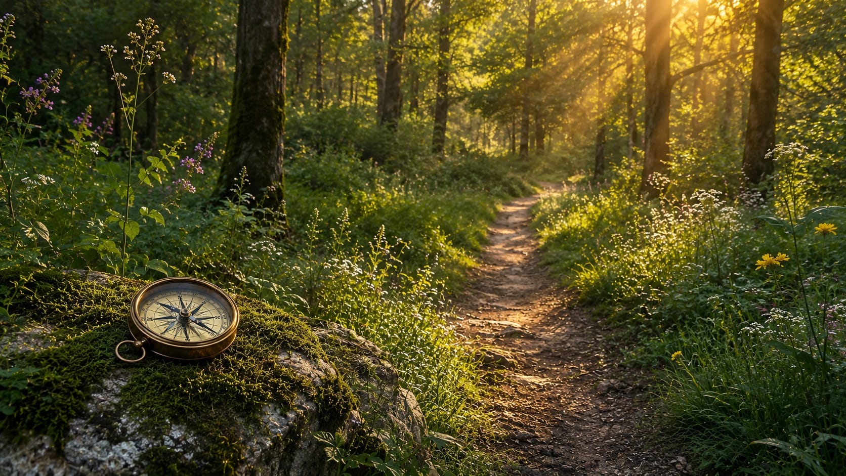 woodland path with compass sitting on mossy rock