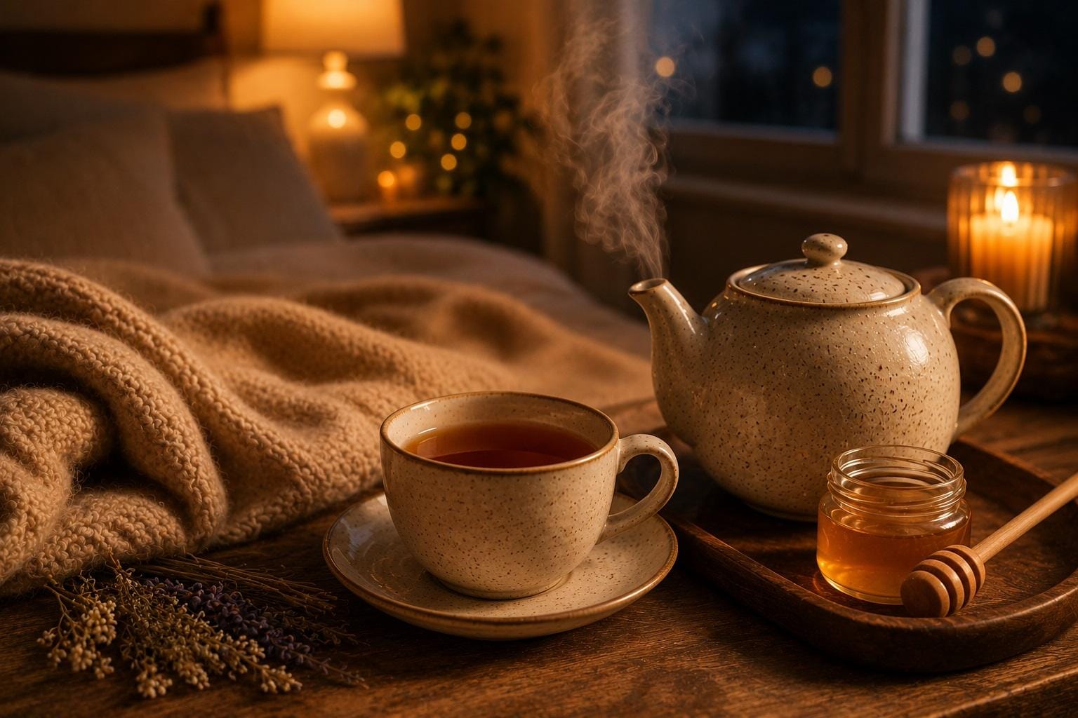 cup of tea on bedside table