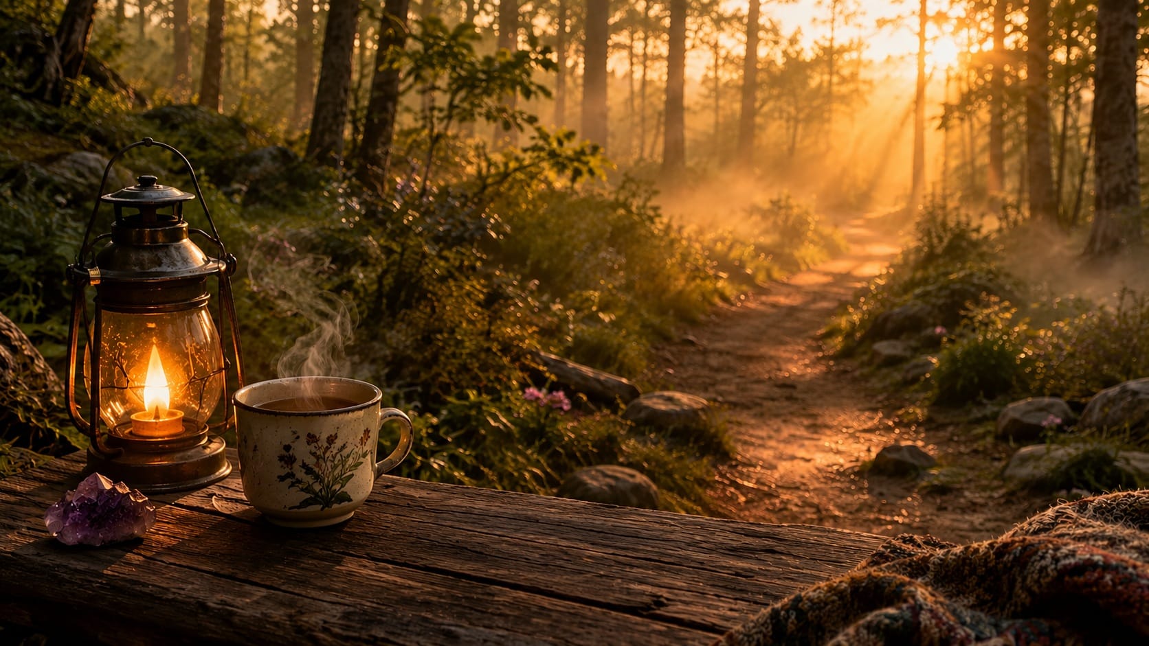 wooded path at dawn