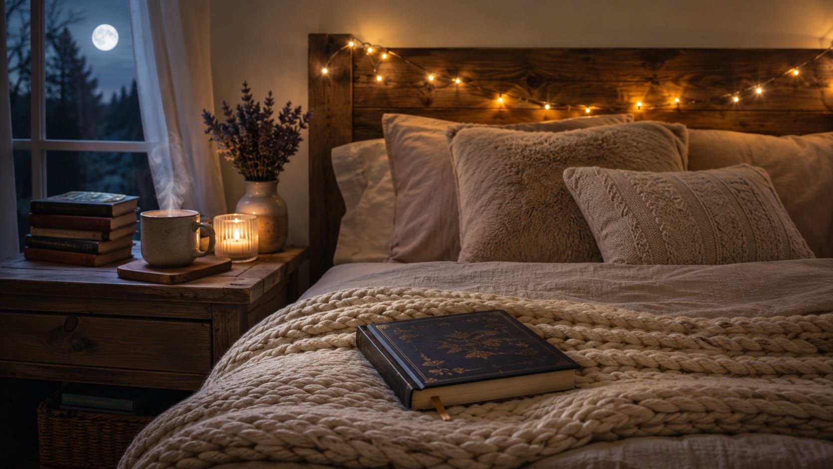 hardcover journal atop cozy bed with chunky knit blanket