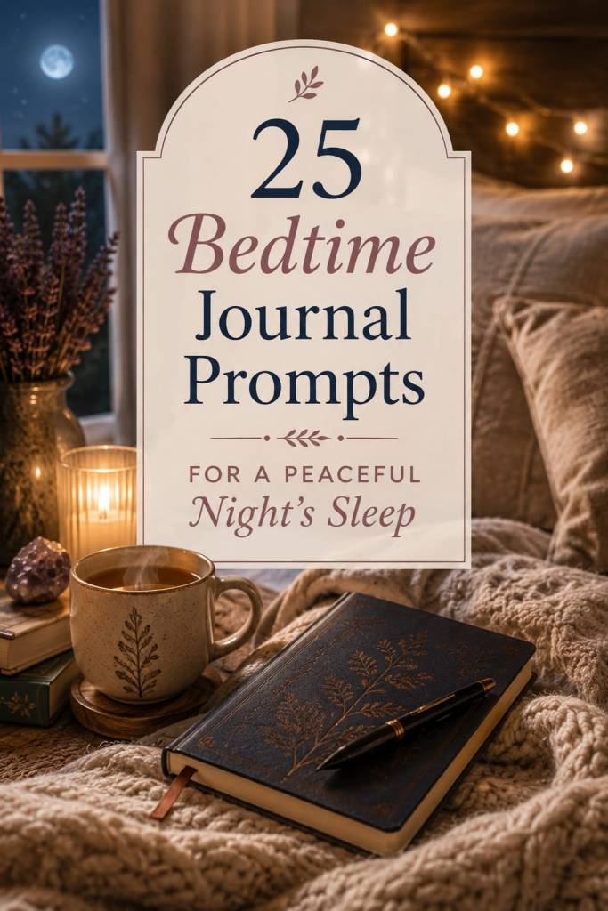 **Alt text:**
A cozy Pinterest graphic featuring a warmly lit bedroom at night with a steaming mug of herbal tea, a decorative journal and pen, candles, fairy lights, and soft blankets. Elegant overlay text reads, “25 Bedtime Journal Prompts for a Peaceful Night’s Sleep,” creating a calming, inviting atmosphere for an evening journaling practice.
